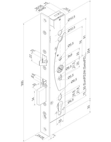 Bild PA-Einsteckschloss 309X PZW92/9,D30,F24x300ktg,chrom - effeff-1