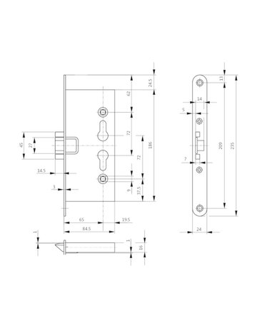 Bild PA-Einsteckschloss B-11250 PZW72/9,D65,F24x235rd,Si - BKS-1