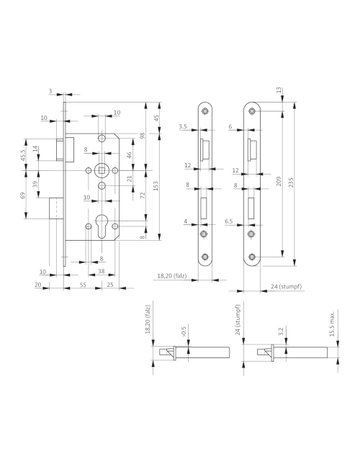 Bild Einsteckschloss 0415 PZW72/8,D55,F20x235rd,w,DR - BKS-1