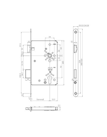 Bild Einsteckschloss B-00240 PZW92/10,D65,F24x280rd,Falz,ER,DR - BKS-1