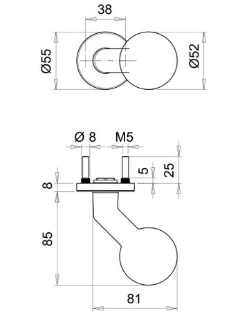Bild Knopf K4 gekröpft fest auf Rosette rund 1052/4020 F1 mit Nocken mit Gewinde M12 - edi-2