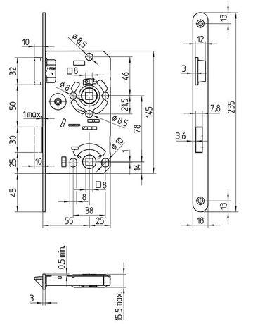 Bild SAG Einsteckschloss 1413000 WC78/8,D55,F18x235rd,NiSi,DR-1