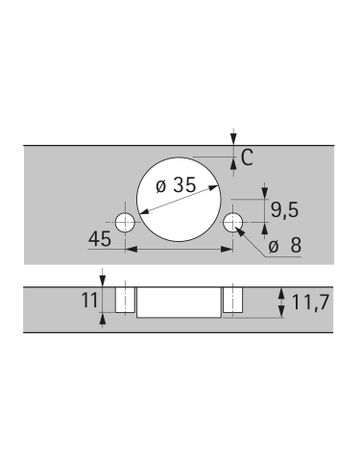 Bild Sensys Weitwinkelscharnier, mit Null-Einsprung (Sensys 8657), halb vorliegend, Öffnungswinkel 165°, Bohrbild TB 45 x 9,5 mm, zum Einpressen (ø 8 x 11) - Hettich-1