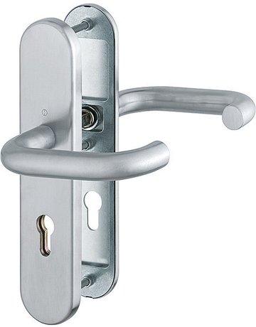 Bild HOPPE Sicherheits-Drückergarnitur Paris FS-E138F/3331/3310, Langschild oval, 12mm, ES 1, ohne Zylinderabdeckung, Profilzylinder gelocht, Entfernung 72mm, Vierkant 9mm, Türstärke 42-47mm, edelstahl matt-0