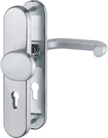 Bild HOPPE Sicherheits-Wechselgarnitur Paris FS-E86G/3331/3310/138F, Langschild oval, 12mm, ES 1, ohne Zylinderabdeckung, Profilzylinder gelocht, Entfernung 72mm, Vierkant 9mm, Türstärke 42-47mm, edelstahl matt-0