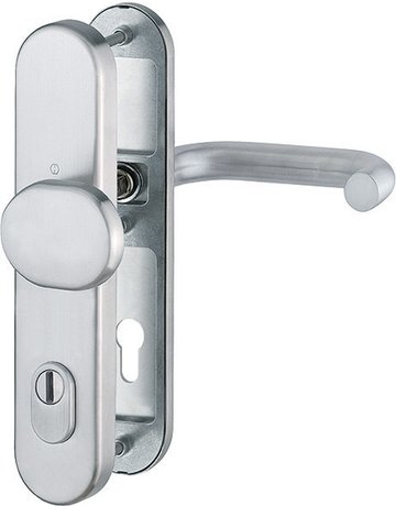 Bild HOPPE Sicherheits-Wechselgarnitur Paris FS-E86G/3332ZA/3310/138F, Langschild oval, 15mm, ES 1, mit Zylinderabdeckung, Profilzylinder gelocht, Entfernung 92mm, Vierkant 9mm, Türstärke 67-72mm, edelstahl matt-0