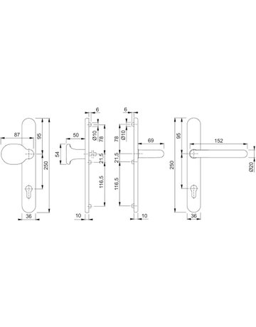 Bild HOPPE Wechselgarnitur Paris RD-86G/3357N/138GF, Langschild, oval, Profilzylinder gelocht, Entfernung 92mm, Vierkant 9mm, Türstärke 67 - 72mm, Befestigungstechnik mit Stütznocken, silber, naturfarben, eloxiert-1