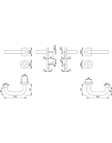 Bild HOPPE Drückergarnitur Paris FS-138/42H/42HS, Rosette, Profilzylinder gelocht, Vierkant 9mm, DIN Links-Rechts, TS 45 - 65mm, Befestigungstechnik mit Stütznocken, silber, natur matt-SecuSan, eloxiert-1