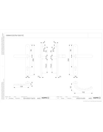 Bild HOPPE Drückergarnitur Luxembourg 099KH/3357N/1500, Langschild, oval, Profilzylinder gelocht, Entfernung 92mm, Vierkant 8mm, Türstärke 67 - 72mm, Befestigungstechnik mit Stütznocken, silber, naturfarben, eloxiert-1