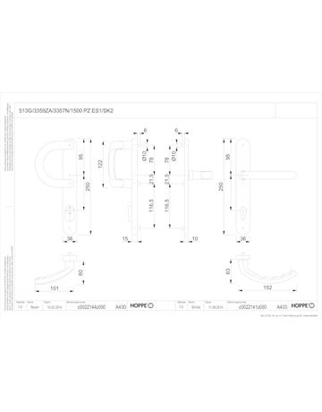 Bild HOPPE Sicherheits-Wechselgarnitur Luxembourg 513G/3359ZA/3357N/1500, Langschild oval, 15mm, ES 1, mit Zylinderabdeckung, Profilzylinder gelocht, Entfernung 92mm, Vierkant 8mm, Türstärke 67-72mm, naturfarben eloxiert-1