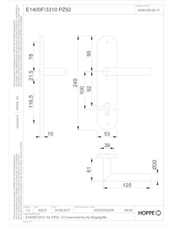 Bild HOPPE Halbgarnitur Amsterdam E1400F/3310, Langschild, oval, Profilzylinder gelocht, Entfernung 92mm, Vierkant 10mm, Befestigungstechnik ohne Stütznocken, grau, edelstahl matt-1