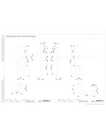 Bild HOPPE Sicherheits-Wechselgarnitur Paris FS-86G/3331/3310/138F, Langschild oval, 12mm, ES 1, ohne Zylinderabdeckung, Profilzylinder gelocht, Entfernung 92mm, Vierkant 9mm, Türstärke 67-72mm, naturfarben eloxiert-1