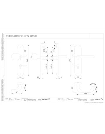 Bild HOPPE Sicherheits-Wechselgarnitur Paris FS-E86G/3331/3310/138F, Langschild oval, 12mm, ES 1, ohne Zylinderabdeckung, Profilzylinder gelocht, Entfernung 92mm, Vierkant 9mm, Türstärke 67-72mm, edelstahl matt-1