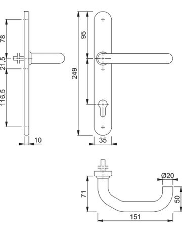 Bild HOPPE Drückergarnitur Paris RD-E138GF/3357N, Langschild, oval, Profilzylinder gelocht, Entfernung 92mm, Vierkant 9mm, Türstärke 67 - 72mm, Befestigungstechnik mit Stütznocken, grau, edelstahl matt-1