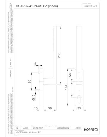 Bild Hebeschiebe- Handhebelgarnitur, Toulon HS-0737/419N-AS innen, Profilzylinder gelocht, Aluminium, naturfarbig eloxiert - Hoppe-1