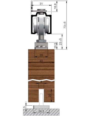 Bild Schiebetürbeschlag,ohne Laufschiene 73, einflügelig für Holz, bis 80 kg - HELM-1