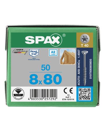 Spax Universalschraube Senkkopf 8x80mm,Teilgw,Innensechsrund T40,ER A2