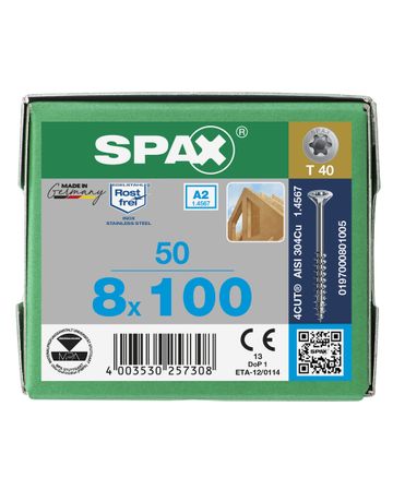 Spax Universalschraube Senkkopf 8x100mm,Teilgw,Innensechsrund T40,ER A2