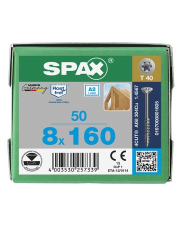 Spax Universalschraube Senkkopf 8x160mm,Teilgw,Innensechsrund T40,ER A2