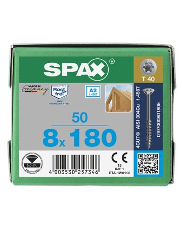 Spax Universalschraube Senkkopf 8x180mm,Teilgw,Innensechsrund T40,ER A2