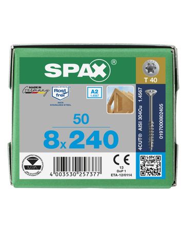 Spax Universalschraube Senkkopf 8x240mm,Teilgw,Innensechsrund T40,ER A2