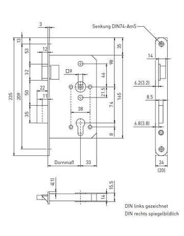 Bild Einsteckschloss 3 RZW74/8,D55,F20x235rd,Si,DR - BMH-3