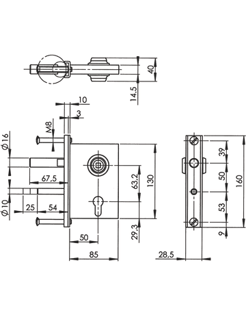 Bild Rohrgittertorschloss verzinkt mit U-Sulpe / Rundfalle 107 Z / 50 PZ - AMF-1