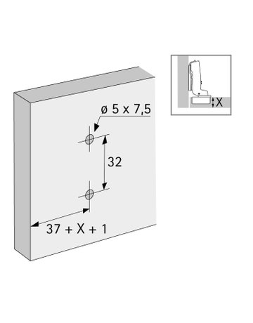 Bild Kreuzmontageplatte mit Direkt-Höhenverstellung, in obsidianschwarz, Lochreihe 37 x 32 mm, Hettich Direkt mit Pilotzapfen und Spezialschrauben (für Bohrung ø 5 x 7,5 mm), Distanz 1.5 mm-2