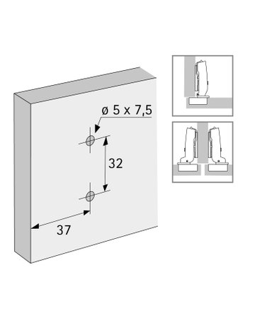 Bild Kreuzmontageplatte mit Direkt-Höhenverstellung, in obsidianschwarz, Lochreihe 37 x 32 mm, Hettich Direkt mit Pilotzapfen und Spezialschrauben (für Bohrung ø 5 x 7,5 mm), Distanz 1.5 mm-1
