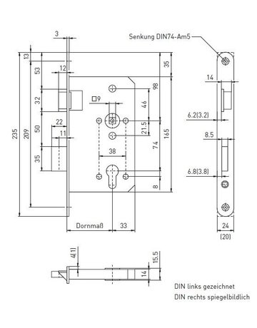 Bild Einsteckschloss 3 RZW74/8,D55,F20x235rd,Si,DL - BMH-3