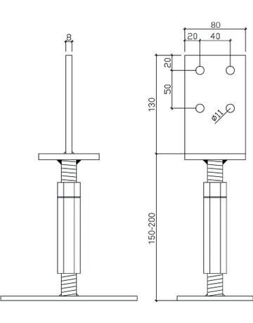 Bild Stützenfuß Typ T 01 H auf Beton 80 X 130 mm höhenverstellbar - GH-1
