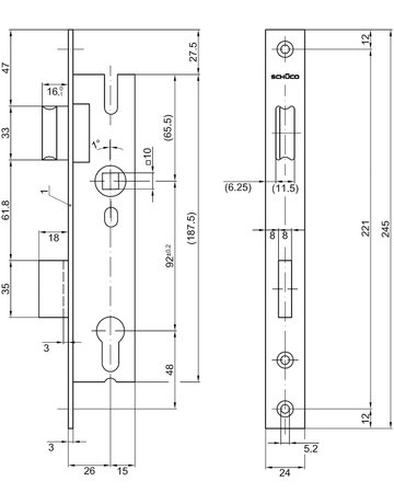Bild Rohrrahmenschloss Flachstulp Niro, 24x245mm, 10/92 PZ 26 D - Schüco-1