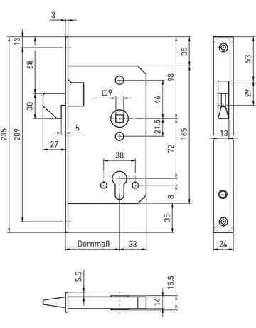 Bild Schiebetürschloss schwer 1004-PZW/55 Hakenfalle, 9 mm, mit S 40 24K Niro - BMH-1