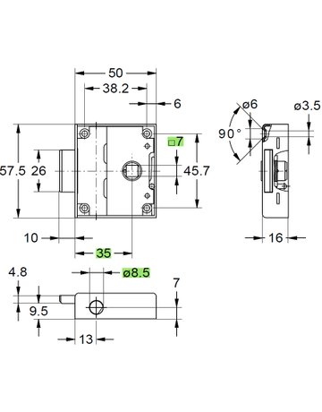 Bild Drehstangen-Schloss vernickelt 7030/35 RS/LS Vierk. Nuss 7 mm für 8 mm Stg. - JuNie-1