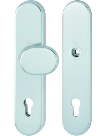 Bild HOPPE Sicherheits-Wechselgarnitur 86G/3331/3310, Langschild oval, 12mm, ES 1, ohne Zylinderabdeckung, Profilzylinder gelocht, Entfernung 92mm, Vierkant 10/8mm, Türstärke 67-77mm, naturfarben eloxiert-0