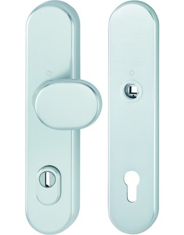 Bild HOPPE Sicherheits-Wechselgarnitur 86G/3332ZA/3310, Langschild oval, 15mm, Profilzylinder gelocht, Entfernung 92mm, Vierkant 10/8mm, Türstärke 67-77mm, naturfarben eloxiert-0