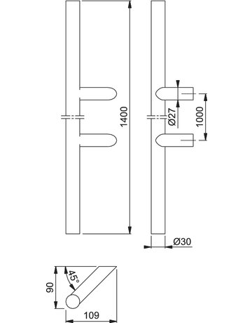 Bild HOPPE Stoßgriff E5012, BA 1.000mm, Breite 109mm, L 1.400mm, Durchmesser 30mm, verdeckt verschraubt, edelstahl matt-1