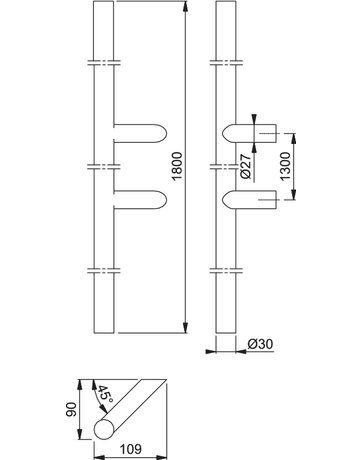 Bild HOPPE Stoßgriff E5012, BA 1.300mm, Breite 109mm, L 1.800mm, Durchmesser 30mm, verdeckt verschraubt, edelstahl matt-1