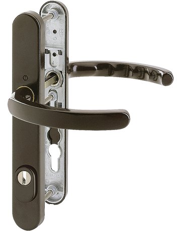 Bild HOPPE Sicherheits-Drückergarnitur Luxembourg 1500/3359ZA/3357N, Langschild oval, 15mm, ES 1, mit Zylinderabdeckung, Profilzylinder gelocht, Entfernung 92mm, Vierkant 8mm, Türstärke 67-72mm, dunkelbraun seidenglänzend beschichtet-0