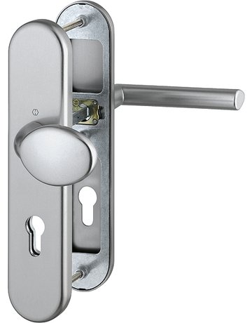 Bild HOPPE Sicherheits-Wechselgarnitur Stockholm 76G/3331/3410/1140, Langschild oval, 12mm, ES 1, ohne Zylinderabdeckung, Profilzylinder gelocht, Entfernung 72mm, Vierkant 8mm, Türstärke 41-46mm, stahlfarbig eloxiert-0