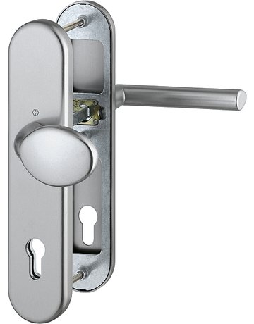 Bild HOPPE Sicherheits-Wechselgarnitur Stockholm 76G/3331/3410/1140, Langschild oval, 12mm, ES 1, ohne Zylinderabdeckung, Profilzylinder gelocht, Entfernung 92mm, Vierkant 10mm, Türstärke 66-71mm, stahlfarbig eloxiert-0