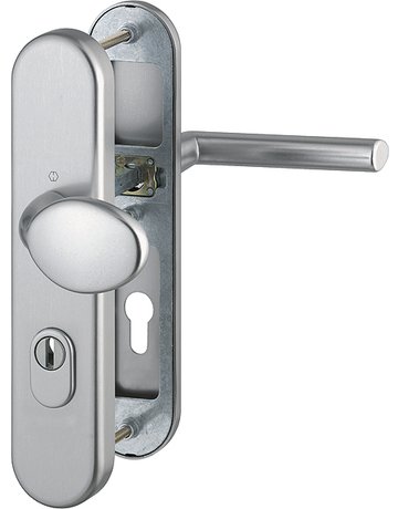 Bild HOPPE Sicherheits-Wechselgarnitur Stockholm 76G/3332ZA/3410/1140, Langschild oval, 15mm, ES 1, mit Zylinderabdeckung, Profilzylinder gelocht, Entfernung 72mm, Vierkant 8mm, Türstärke 41-46mm, stahlfarbig eloxiert-0