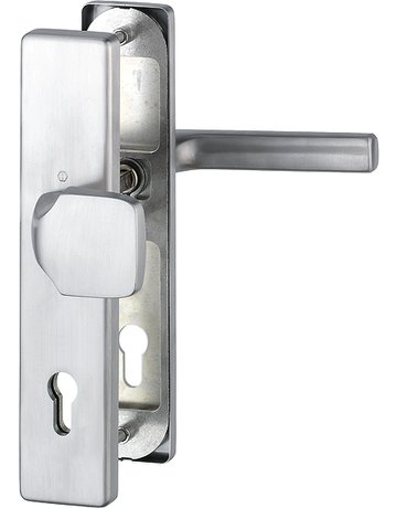 Bild HOPPE Sicherheits-Wechselgarnitur Dallas FS-E61G/2221/2210/1643F, Langschild eckig, 12mm, ES 1, ohne Zylinderabdeckung, Profilzylinder gelocht, Entfernung 92mm, Vierkant 9mm, Türstärke 67-72mm, edelstahl matt-0