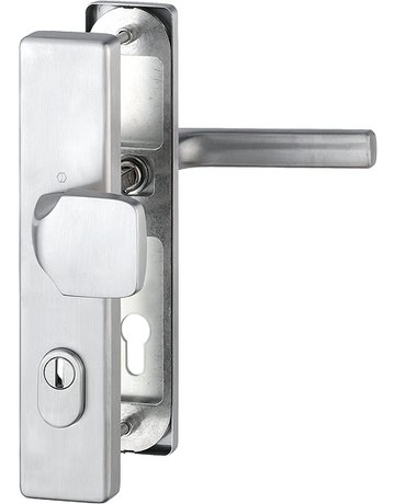 Bild HOPPE Sicherheits-Wechselgarnitur Dallas FS-E61G/2222ZA/2210/1643F, Langschild eckig, 15mm, ES 1, mit Zylinderabdeckung, Profilzylinder gelocht, Entfernung 92mm, Vierkant 9mm, Türstärke 67-72mm, edelstahl matt-0