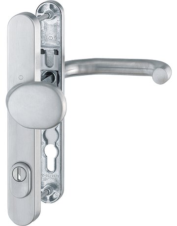 Bild HOPPE Sicherheits-Wechselgarnitur Paris RD-E86G/3359ZA/3357N138GF, Langschild oval, 15mm, ES 1, mit Zylinderabdeckung, Profilzylinder gelocht, Entfernung 92mm, Vierkant 9mm, Türstärke 67-72mm, edelstahl matt-0
