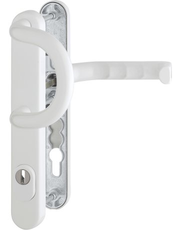 Bild HOPPE Sicherheits-Wechselgarnitur Liverpool 538G/3359ZA/3357N/1313G, Langschild oval, 15mm, ES 1, mit Zylinderabdeckung, Profilzylinder gelocht, Entfernung 92mm, Vierkant 8mm, Türstärke 67-72mm, verkehrsweiß beschichtet-0