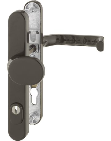 Bild HOPPE Sicherheits-Wechselgarnitur Liverpool 86G/3359ZA/3357N/1313G, Langschild oval, 15mm, ES 1, mit Zylinderabdeckung, Profilzylinder gelocht, Entfernung 92mm, Vierkant 8mm, Türstärke 67-72mm, dunkelbraun seidenglänzend beschichtet-0