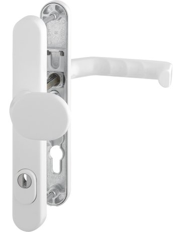 Bild HOPPE Sicherheits-Wechselgarnitur Liverpool 86G/3359ZA/3357N/1313G, Langschild oval, 15mm, ES 1, mit Zylinderabdeckung, Profilzylinder gelocht, Entfernung 92mm, Vierkant 8mm, Türstärke 67-72mm, verkehrsweiß beschichtet-0