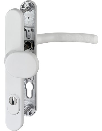 Bild HOPPE Sicherheits-Wechselgarnitur Luxembourg 86G/3359ZA/3357N/1500, Langschild oval, 15mm, ES 1, mit Zylinderabdeckung, Profilzylinder gelocht, Entfernung 92mm, Vierkant 8mm, Türstärke 67-72mm, verkehrsweiß beschichtet-0