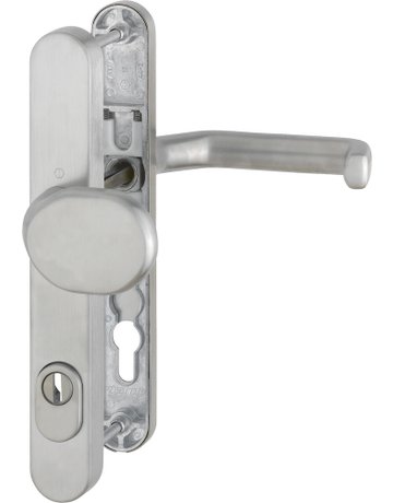 Bild HOPPE Sicherheits-Wechselgarnitur Liverpool E86G/3359ZA/3357N/1313G, Langschild oval, 15mm, ES 1, mit Zylinderabdeckung, Profilzylinder gelocht, Entfernung 92mm, Vierkant 8mm, Türstärke 67-72mm, edelstahl matt-0